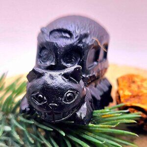 Nature Black Obsidian Hand Carved Cat Bus 3" Decor Figure